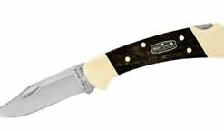 BUCK KNIVES Buck 50th Anniversary 112 Ranger Folding Knife 3" 420HC Plain Blade, Ebony Wood Handles With Brass Bolsters, Leather Sheath